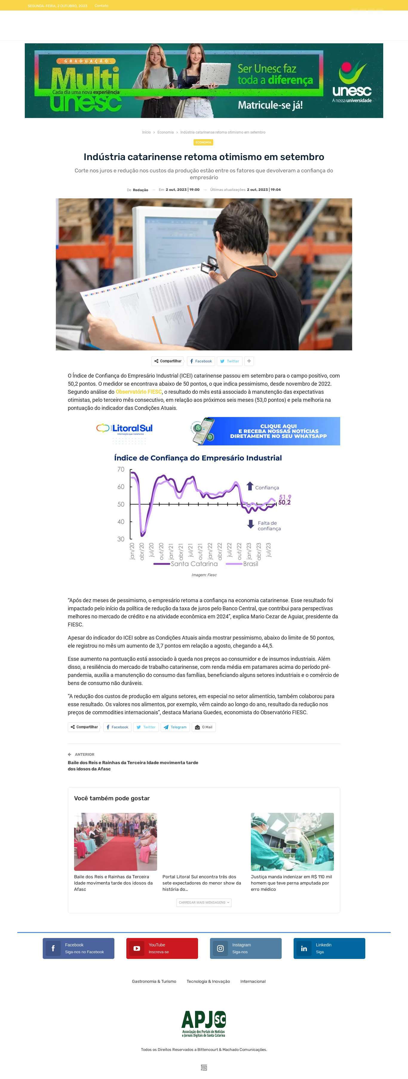 Indústria catarinense volta ao otimismo em setembro