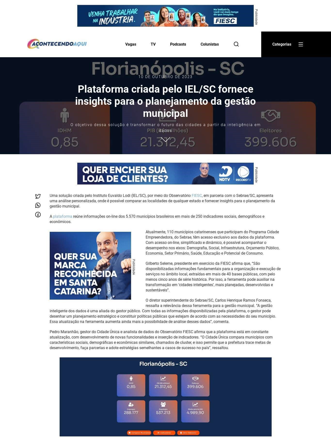 Plataforma criada pelo IEL/SC fornece insights para o planejamento da gestão municipal