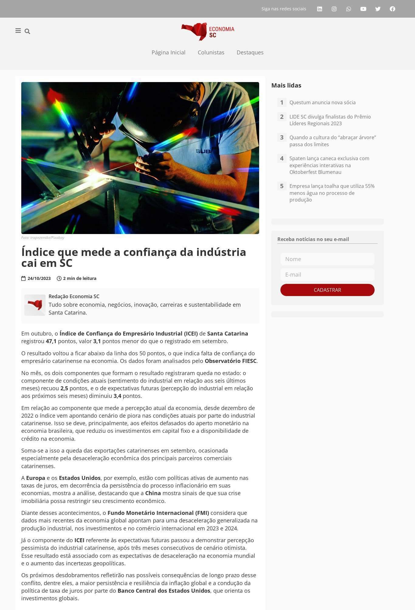 Índice que mede a confiança da indústria cai em SC