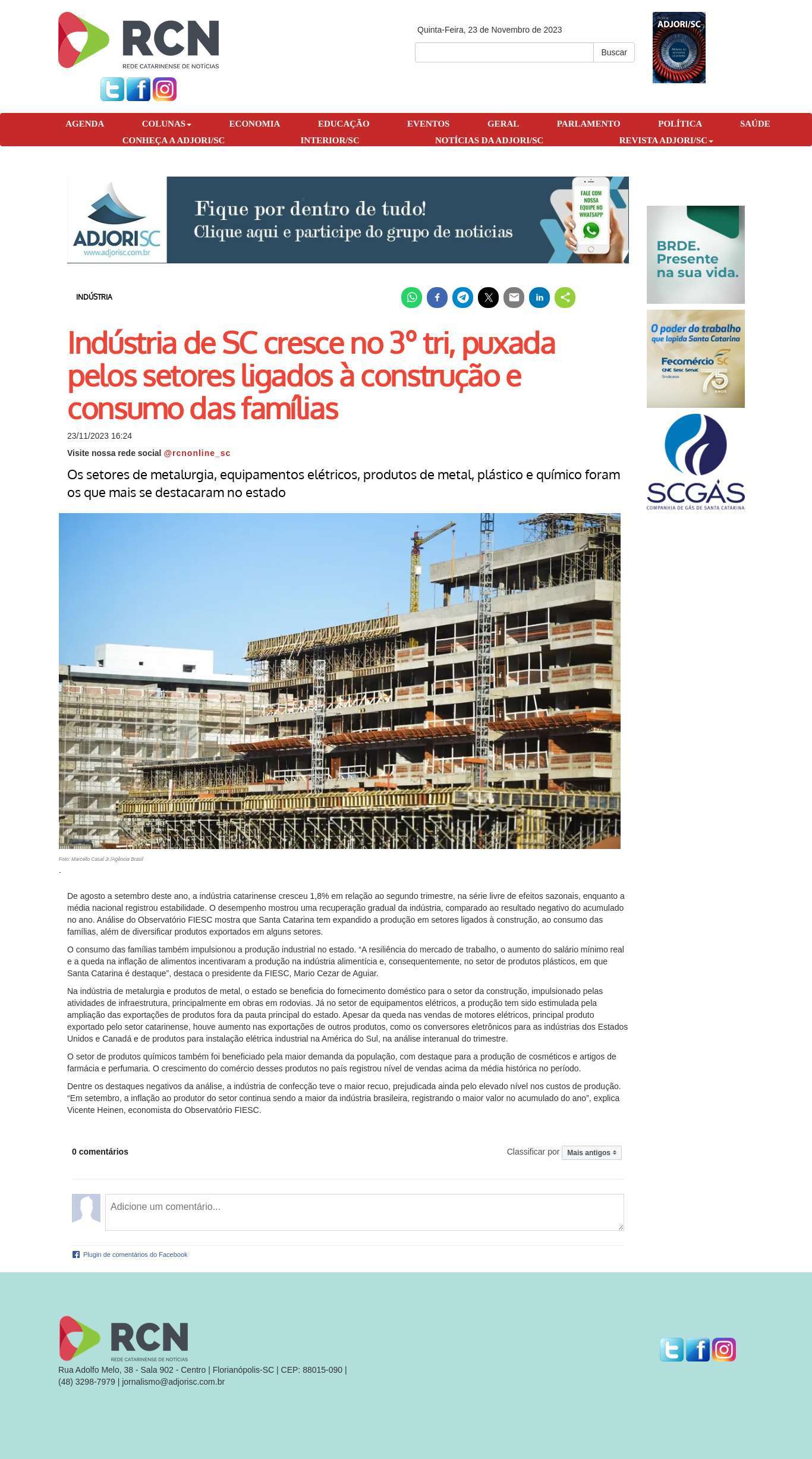 Indústria de SC cresce no 3º tri, puxada pelos setores ligados à construção e consumo das famílias