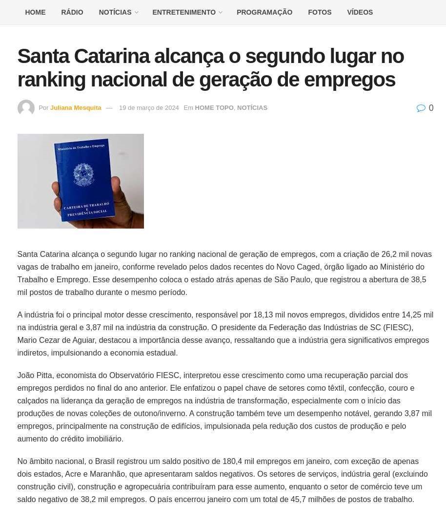 Santa Catarina alcança o segundo lugar no ranking nacional de geração de empregos