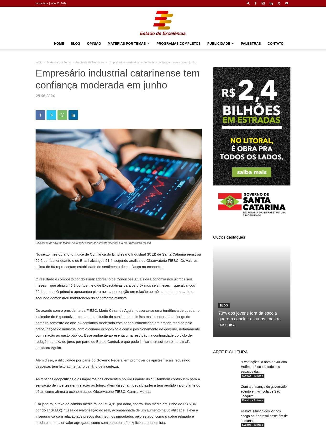 Empresário industrial catarinense tem confiança moderada em junho