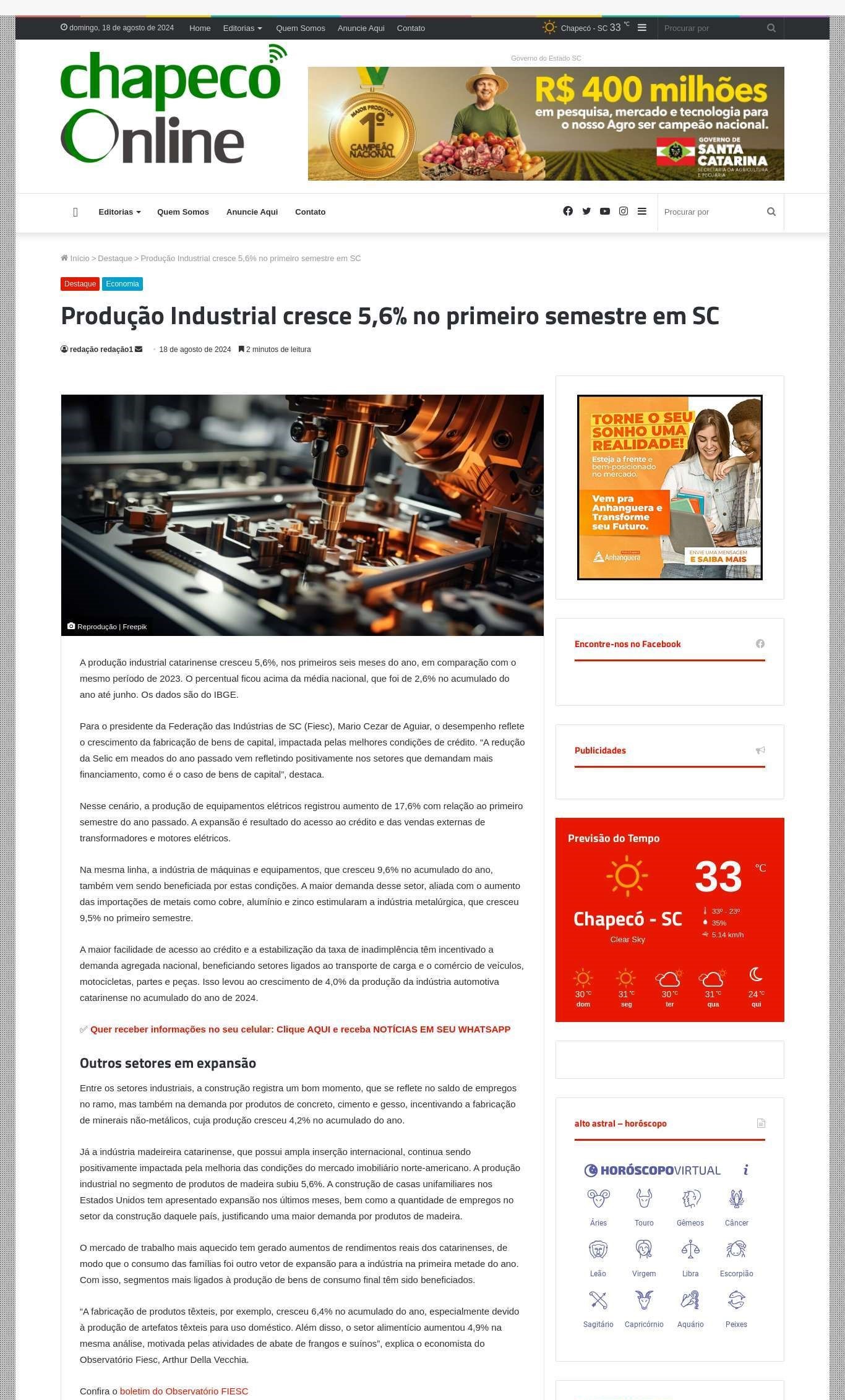 Produção Industrial cresce 5,6% no primeiro semestre em SC 