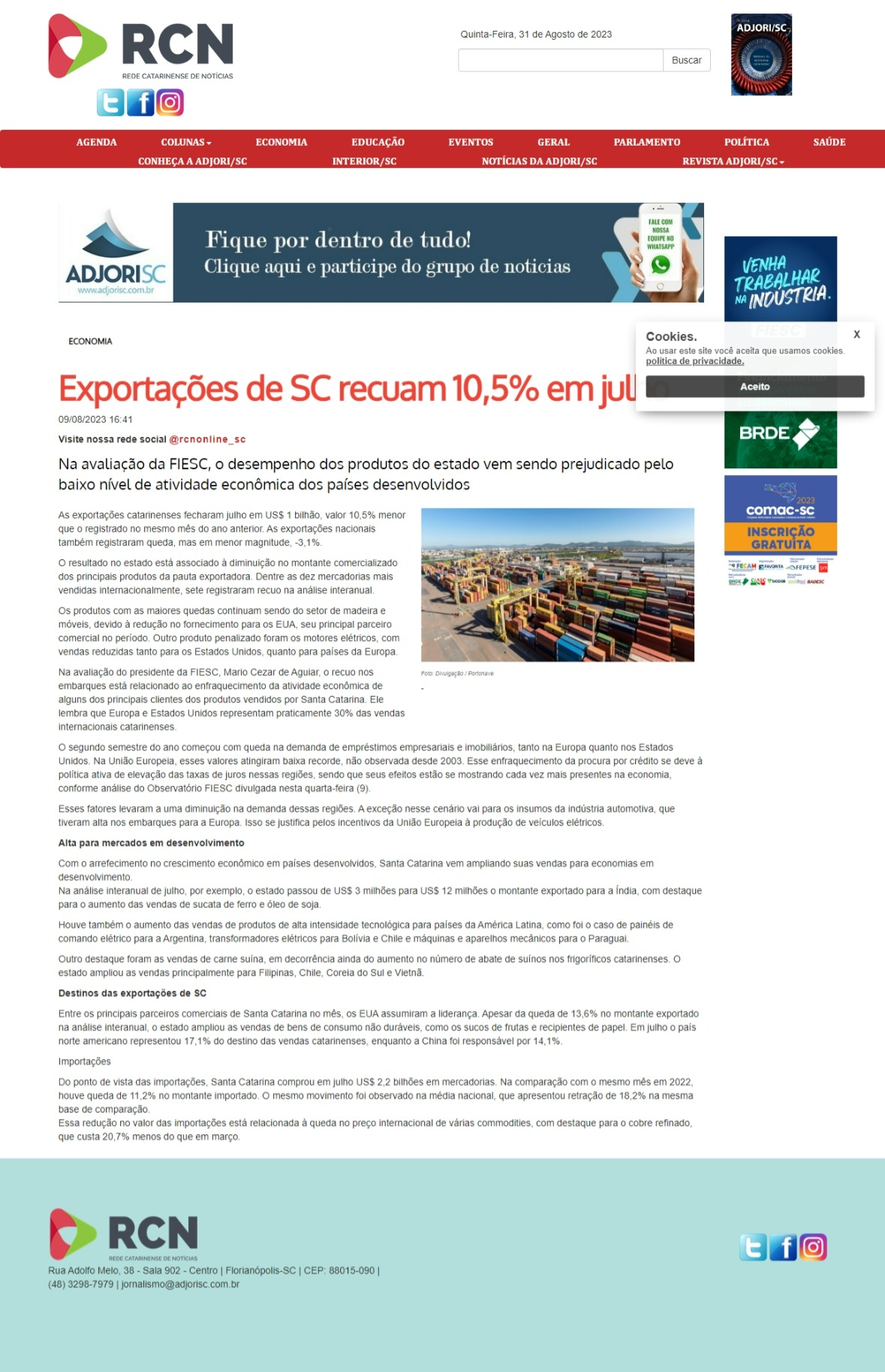 Exportações de SC recuam 10,5% em julho