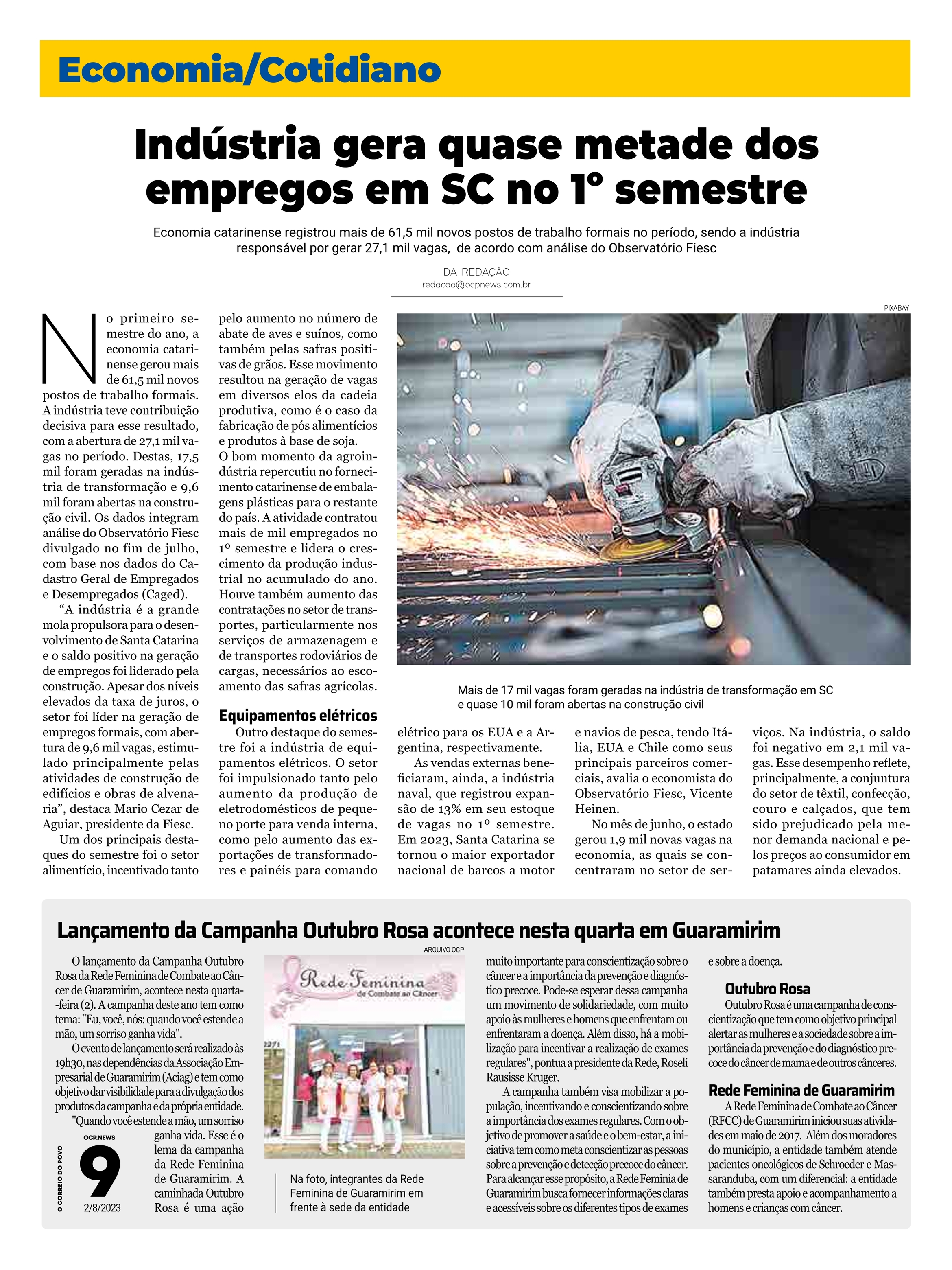 Indústria gera quase metade dos empregos em SC no 1o semestre