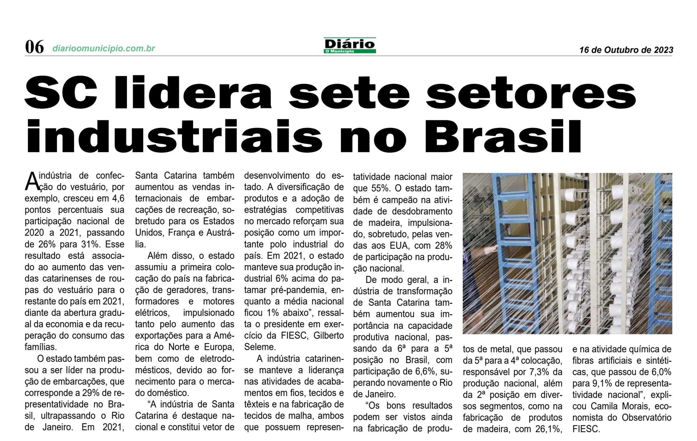 SC lidera sete setores industriais no Brasil