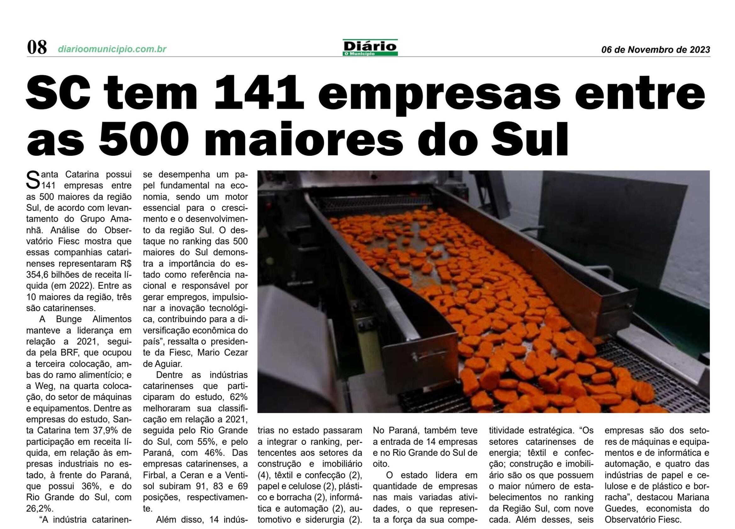 SC tem 141 empresas entre as 500 maiores do Sul