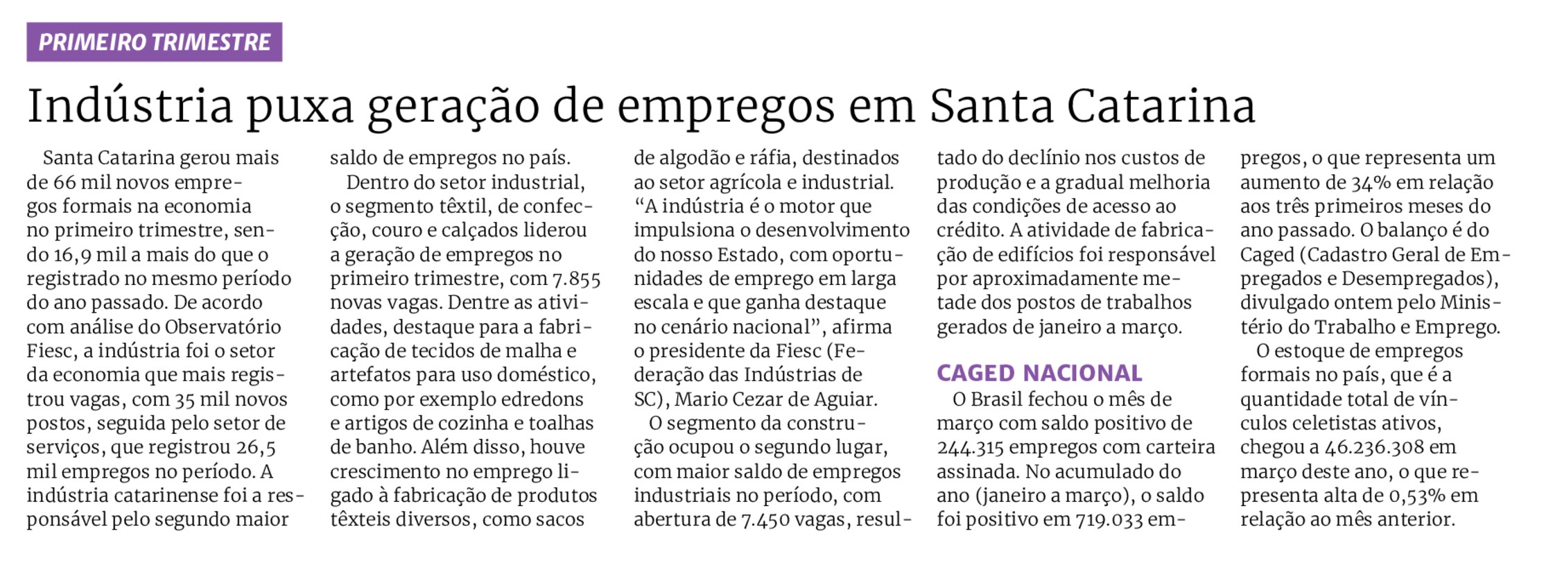 Indústria puxa geração de empregos em Santa Catarina