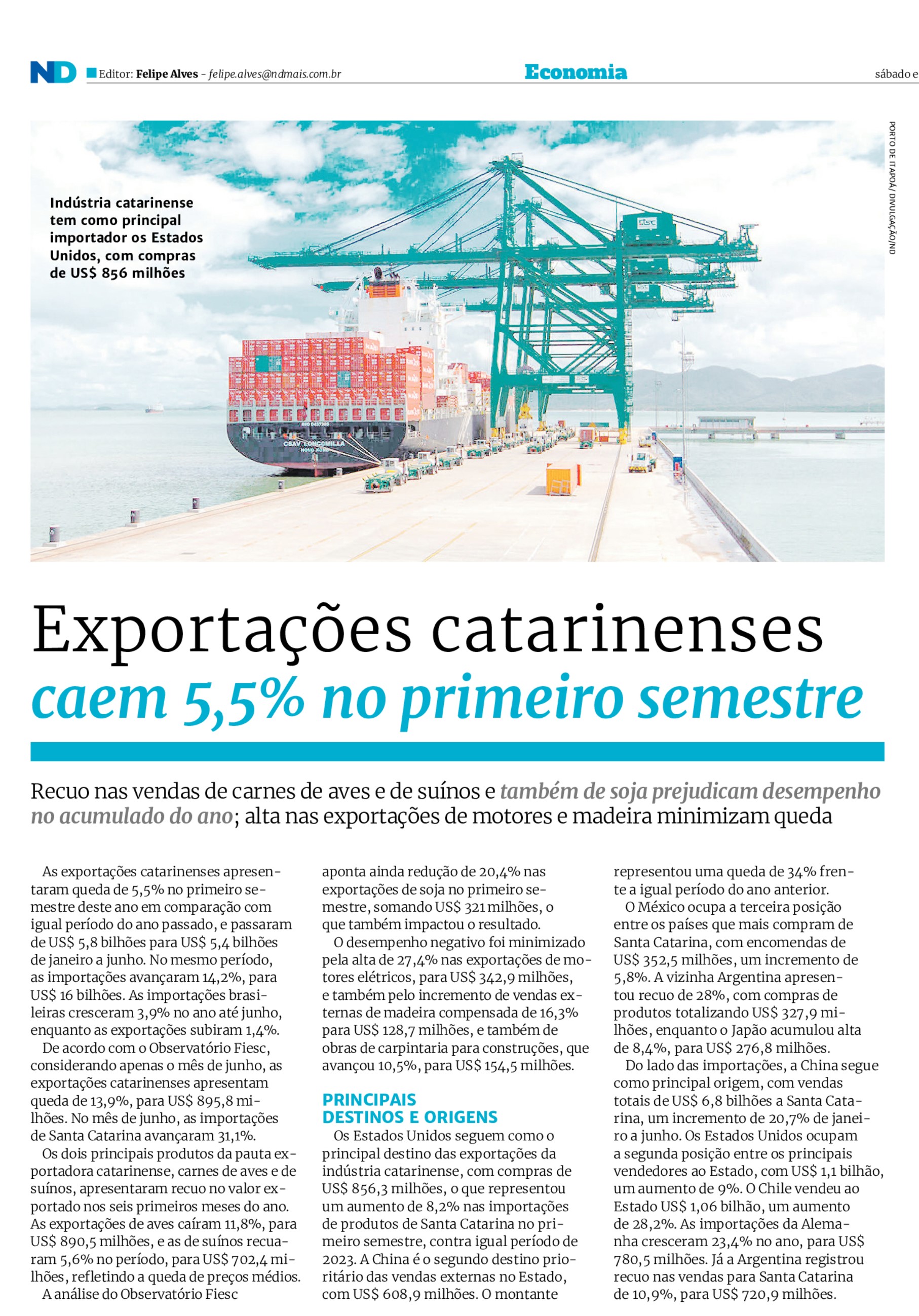 Exportações catarinenses caem 5, 5% no primeiro semestre