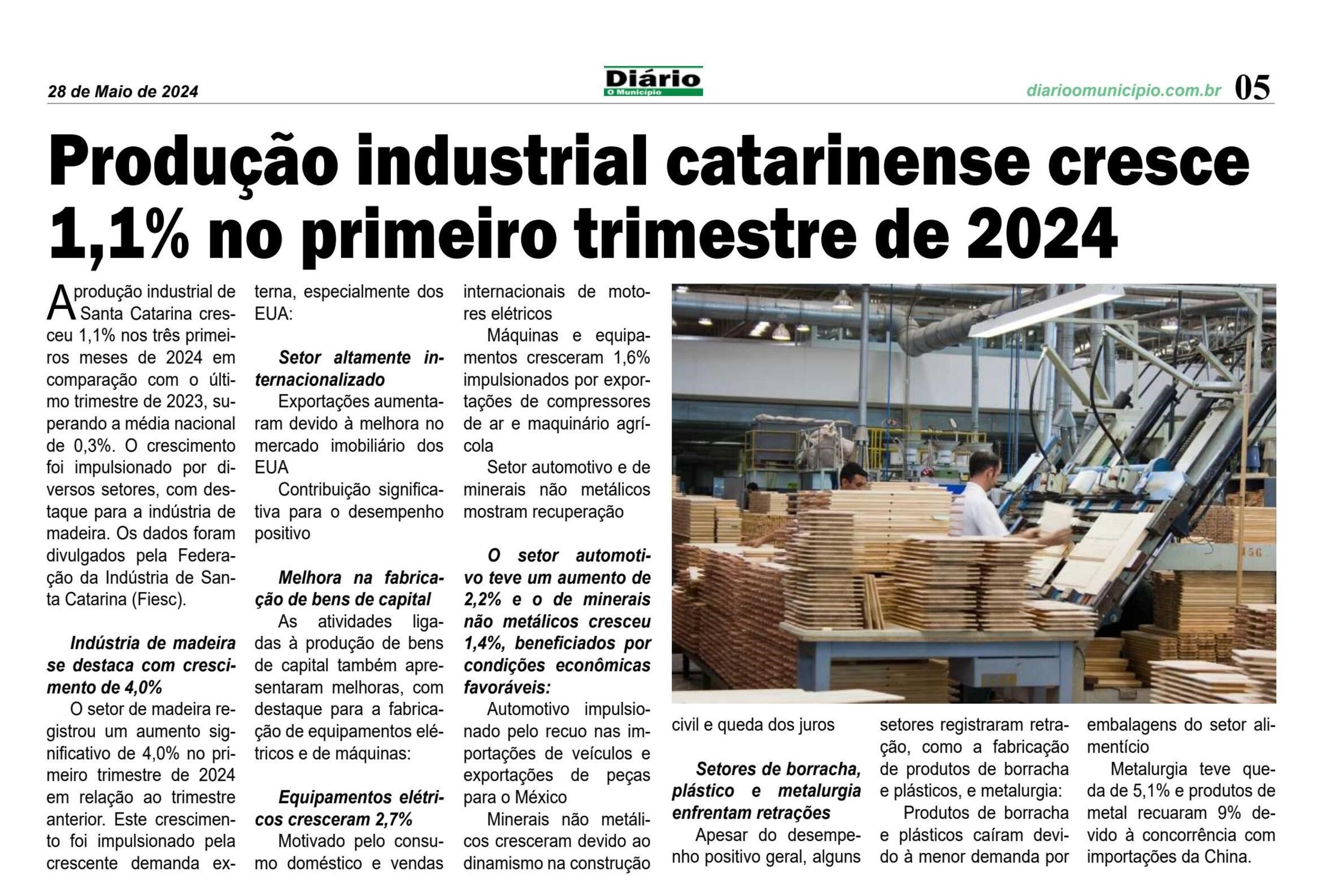 Produção industrial catarinense cresce 1,1% no primeiro trimestre de 2024