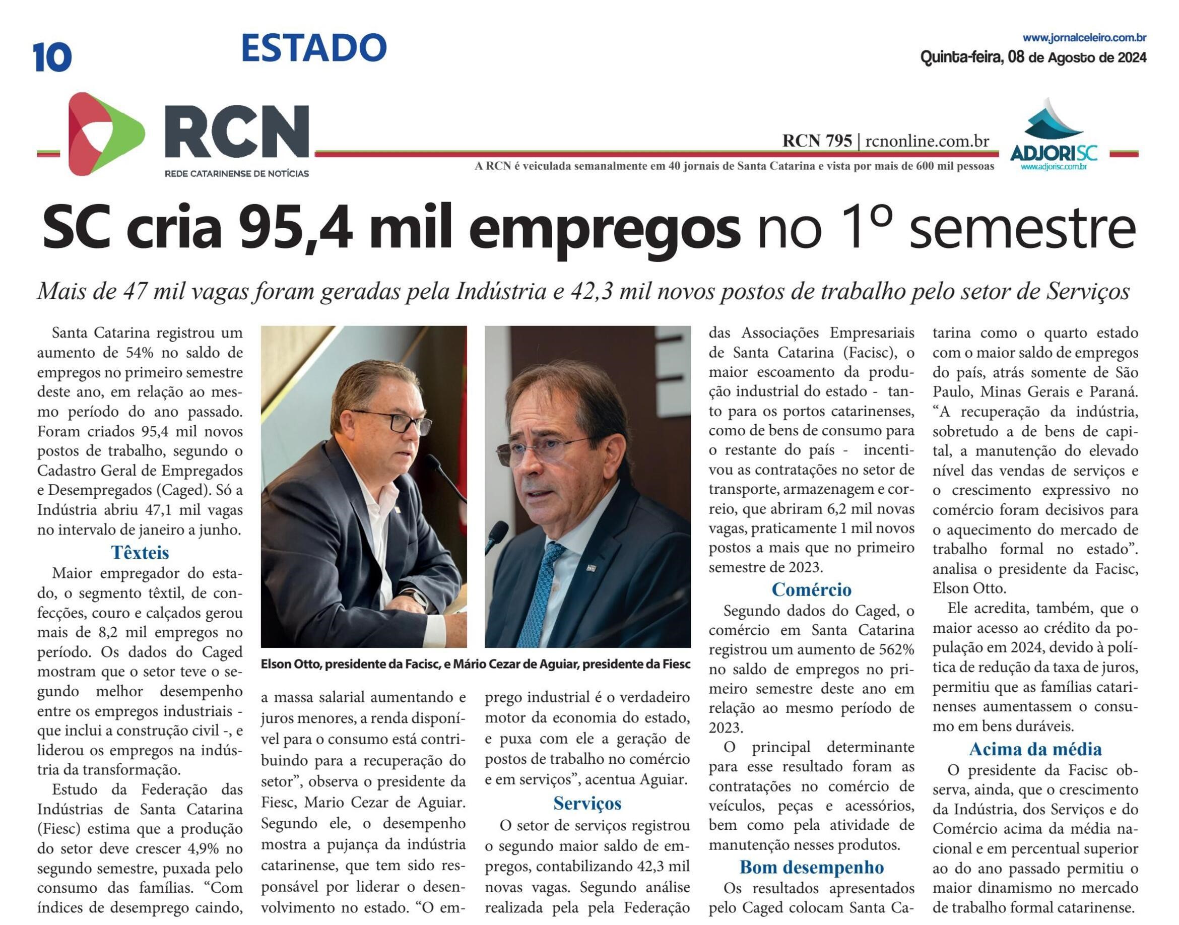 SC cria 95,4 mil empregos no 1º semestre