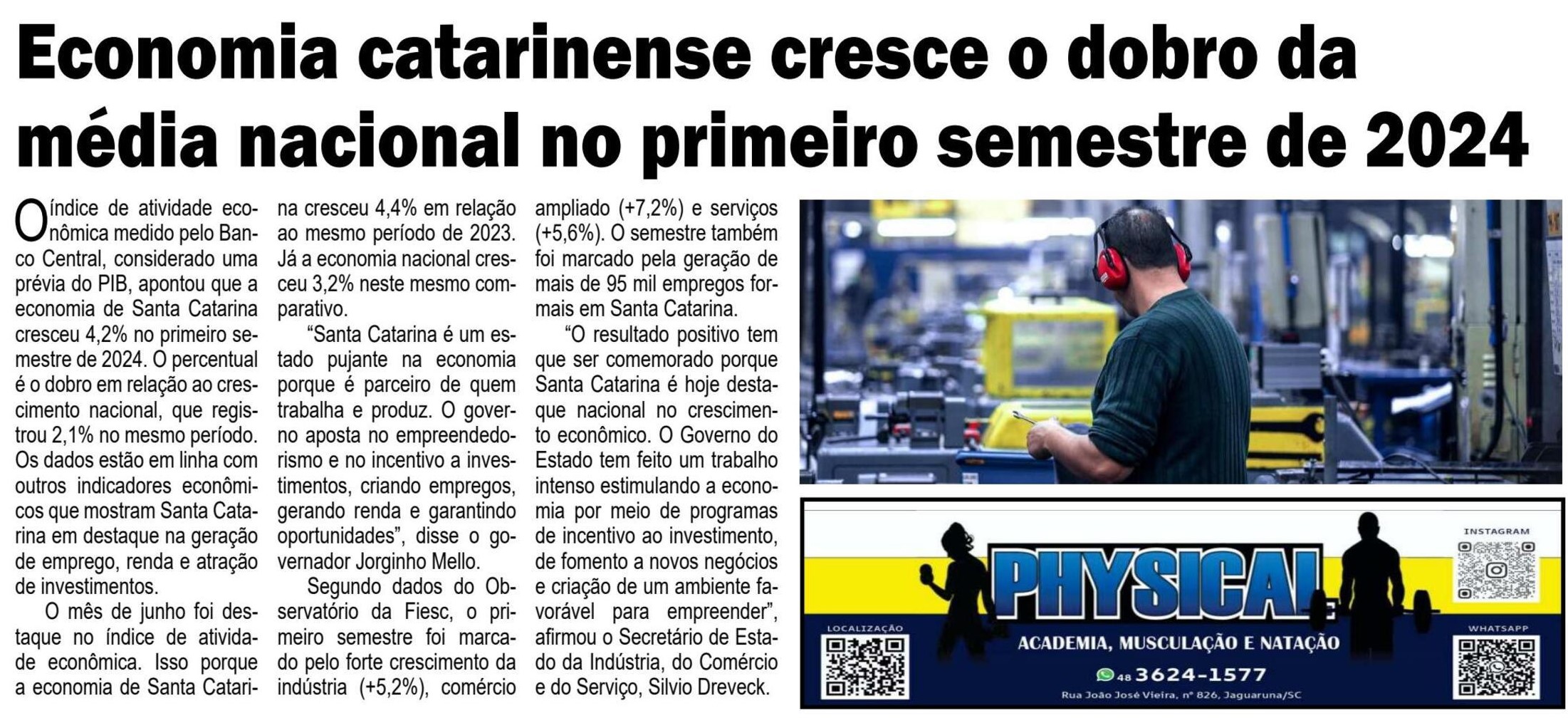 Economia catarinense cresce o dobro da média nacional no primeiro semestre de 2024