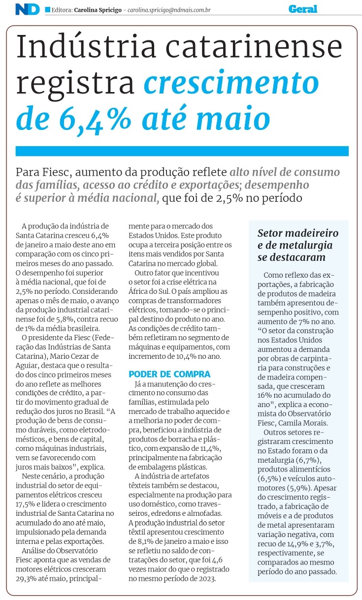 Indústria catarinense registra crescimento de 6,4% até maio