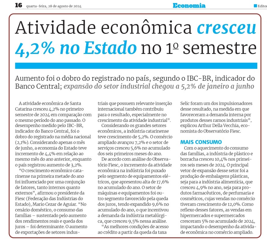 Atividade econômica de Santa Catarina cresceu 4,2% no 1º semestre