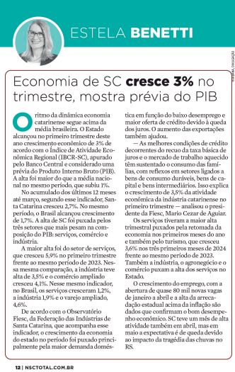 Economia de SC cresce 3% no trimestre, mostra prévia do PIB